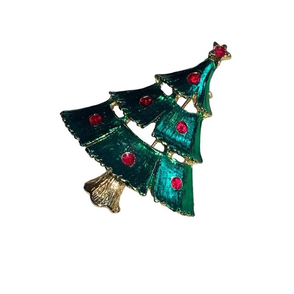 Christmas Tree Pin with Red Rhinestones Tree Decorations gold tone - Picture 3 of 9